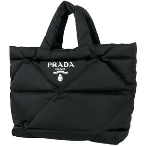 Prada Padded Quilted Tote Bag Logo Plate Tessuto Nero Black